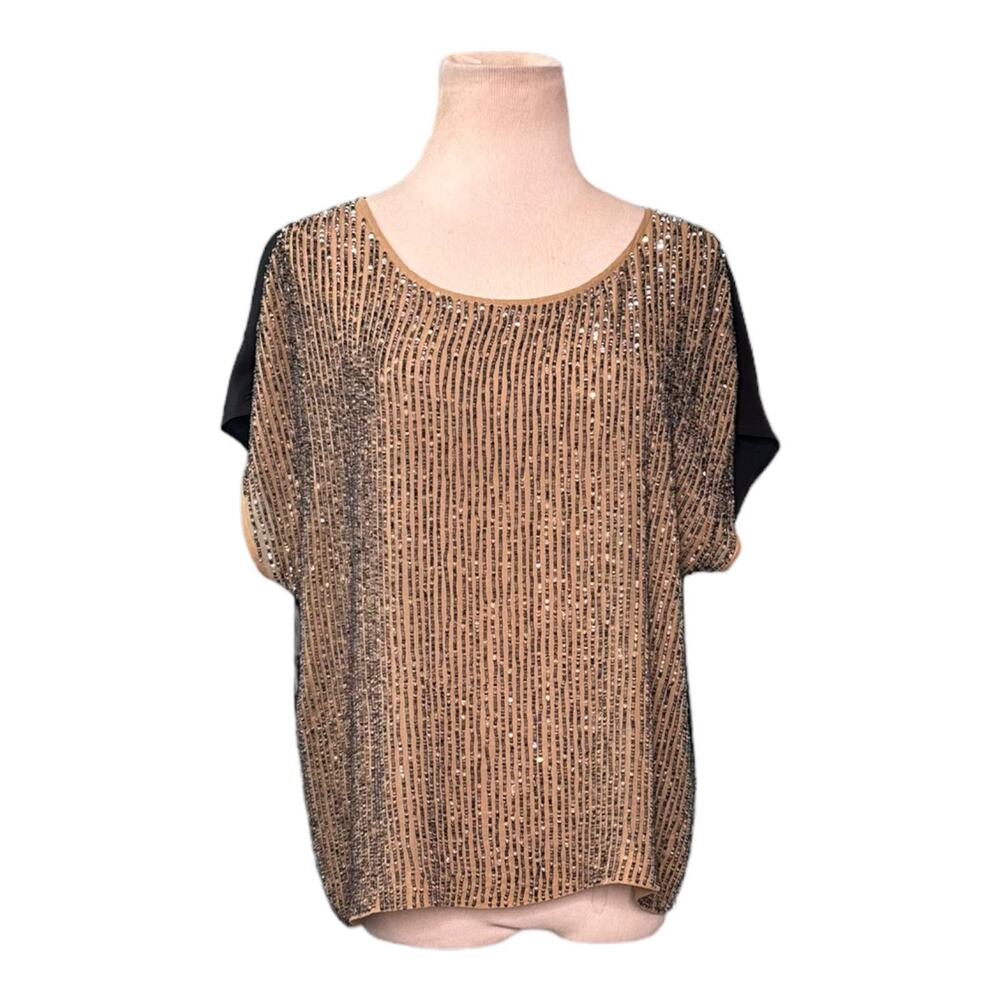 Club Monaco two tone cap sleeves silk sequin short sleeves blouse size Small